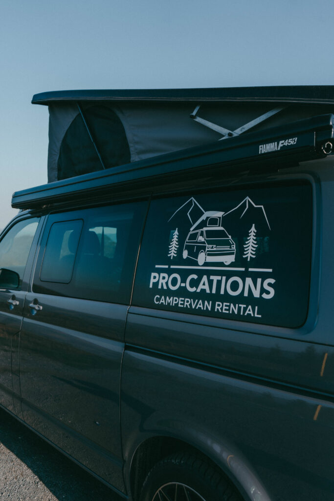 Side view of Pedro the Camper with Mountain view pop top open